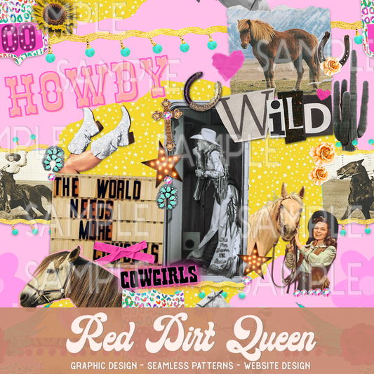 Seamless Pattern Vintage Cowgirl Neon Pink Yellow Collage