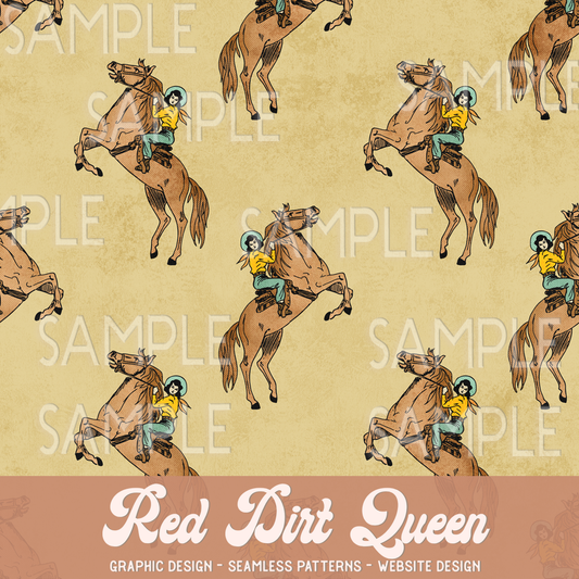 Seamless Pattern Vintage Cowgirl Bucking Horse