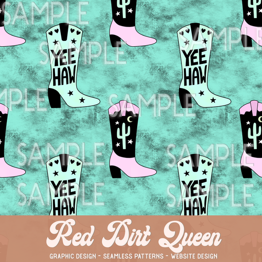 Seamless Pattern CowGIRL Boots  Yee Haw Cactus