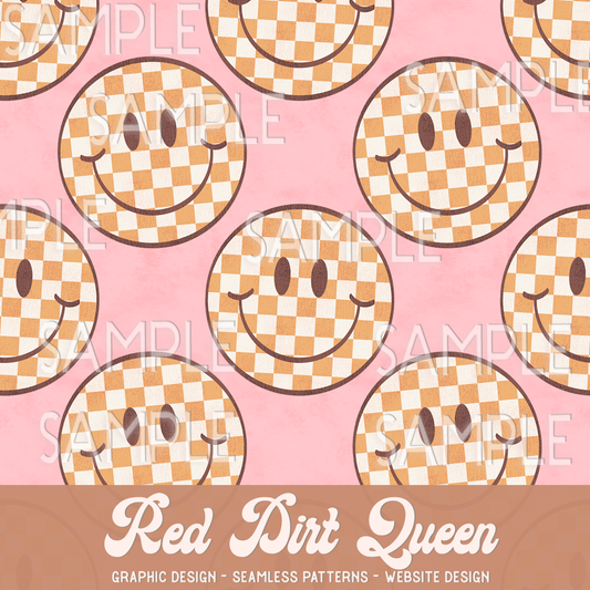 Seamless Pattern Pink Yellow Retro Checkered Smiley