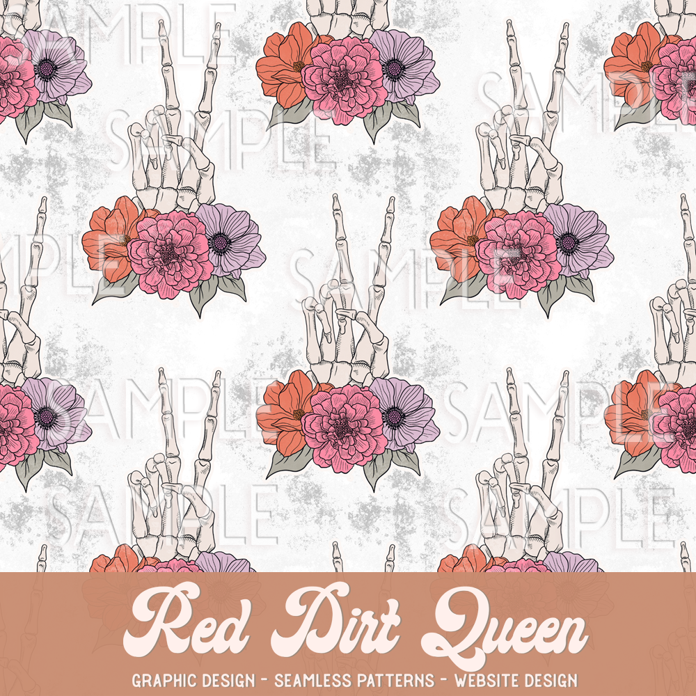 Seamless Pattern Floral Skeleton Peace Sign