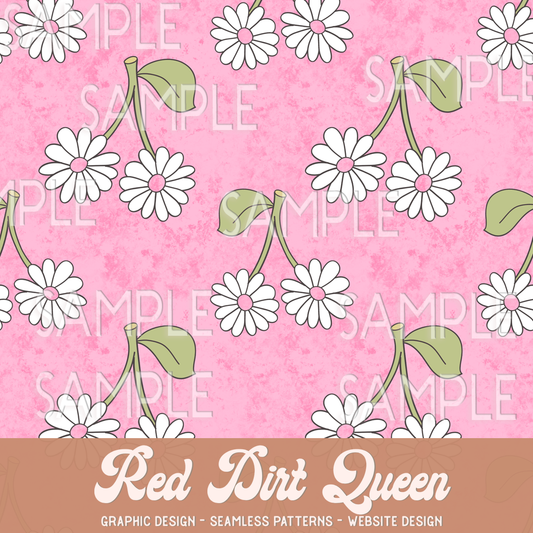 Seamless Pattern Pink Daisy Cherries