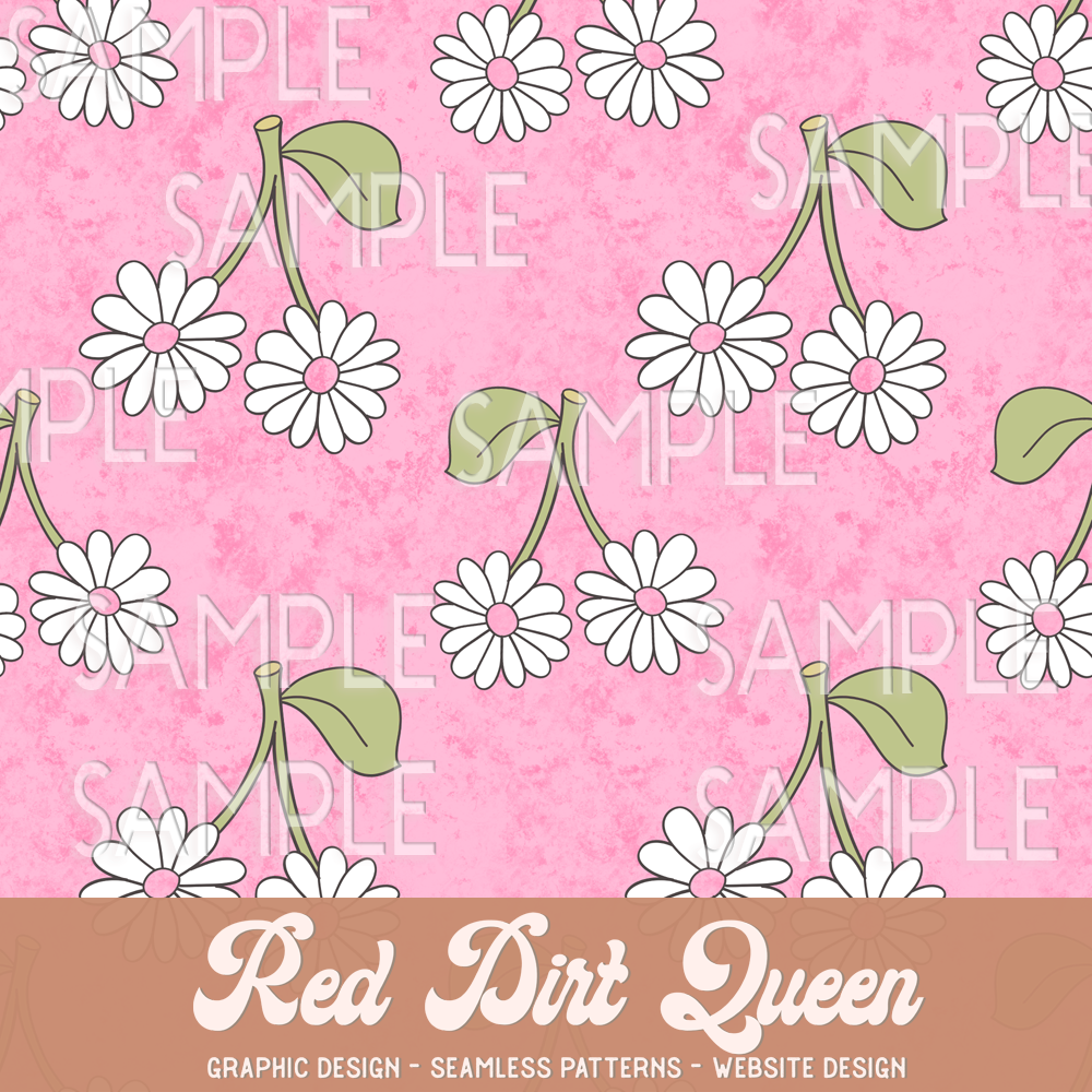Seamless Pattern Pink Daisy Cherries