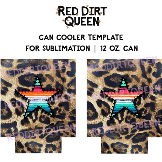Serape star on leopard background PNG for 12oz sublimation can cooler – includes both sides on one transparent file
