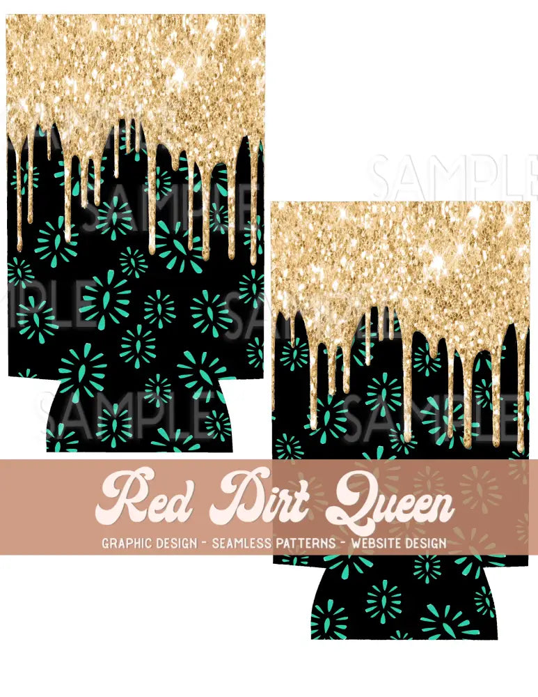 Turquoise Gold Glitter Drip Slim Can Template