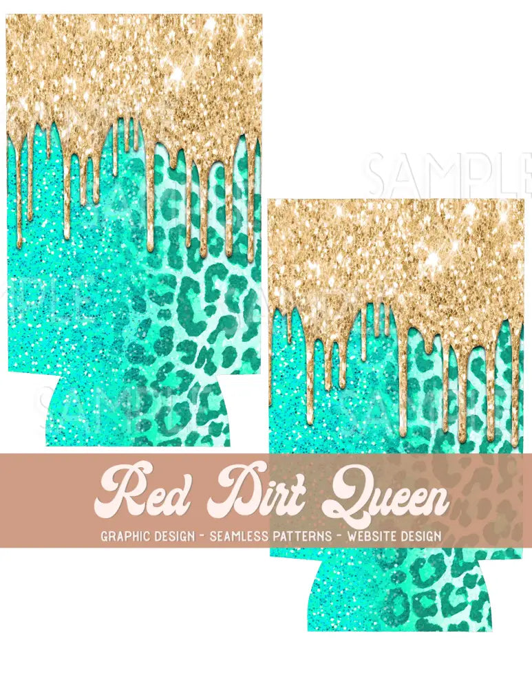 Turquoise Leopard Glitter Drip Slim Can Template