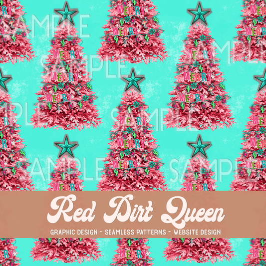 Seamless Pattern Merry Christmas Trees Teal Pink