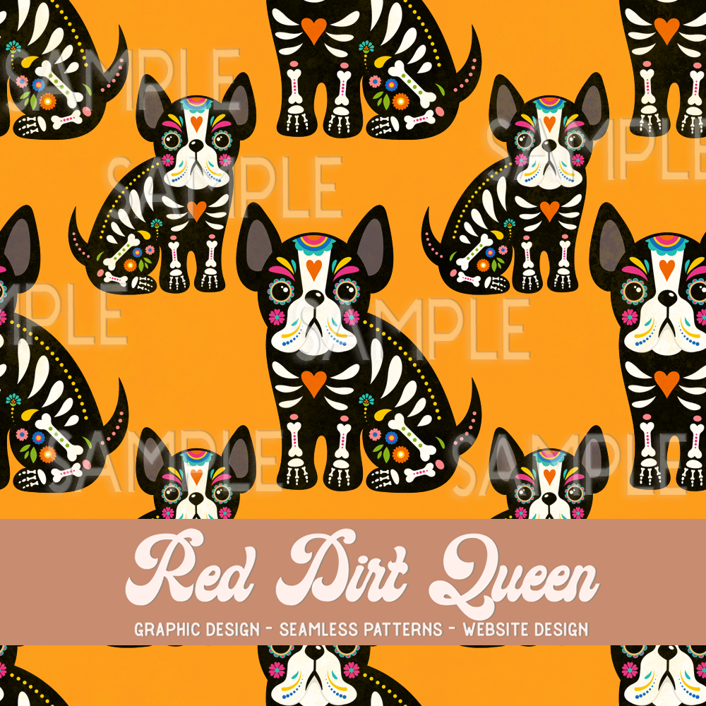 Seamless Pattern Halloween Frenchie Day Of The Dead