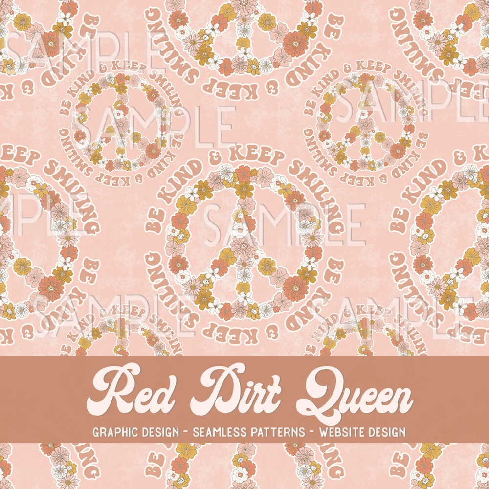 Seamless Pattern Be Kind Floral Peace Sign