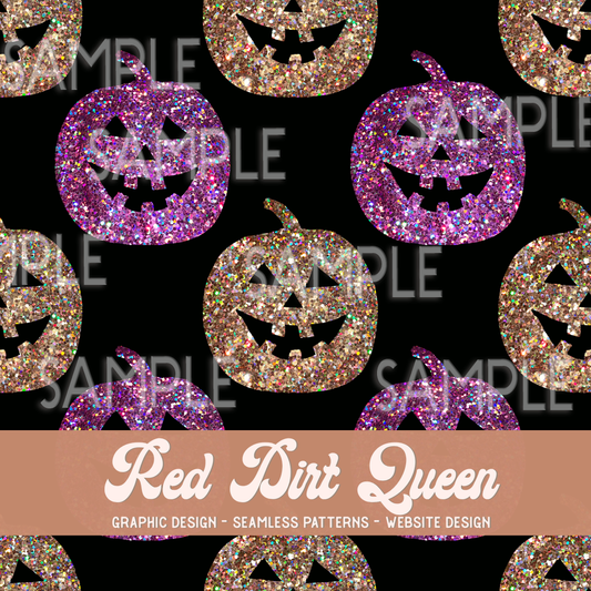 Seamless Pattern Halloween Glitter Carved Pumpkins