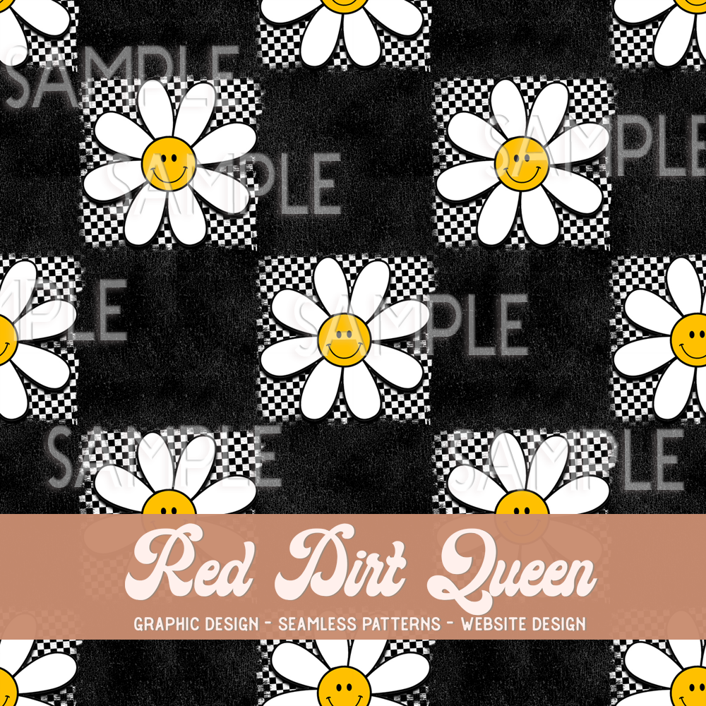 Seamless Pattern Checkered Distressed Daisies Black
