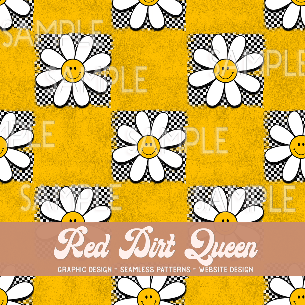 Seamless Pattern Checkered Distressed Daisies Yellow