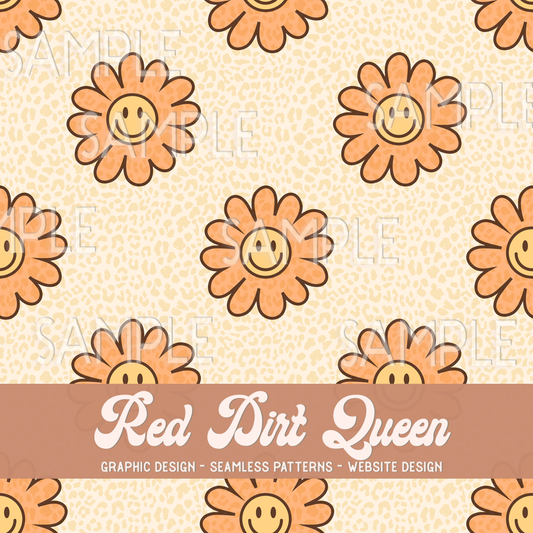 Seamless Pattern Groovy Floral Smiley Leopard