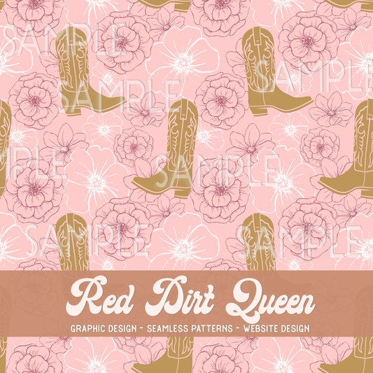 Seamless Pattern Pink Floral Cowgirl Boots