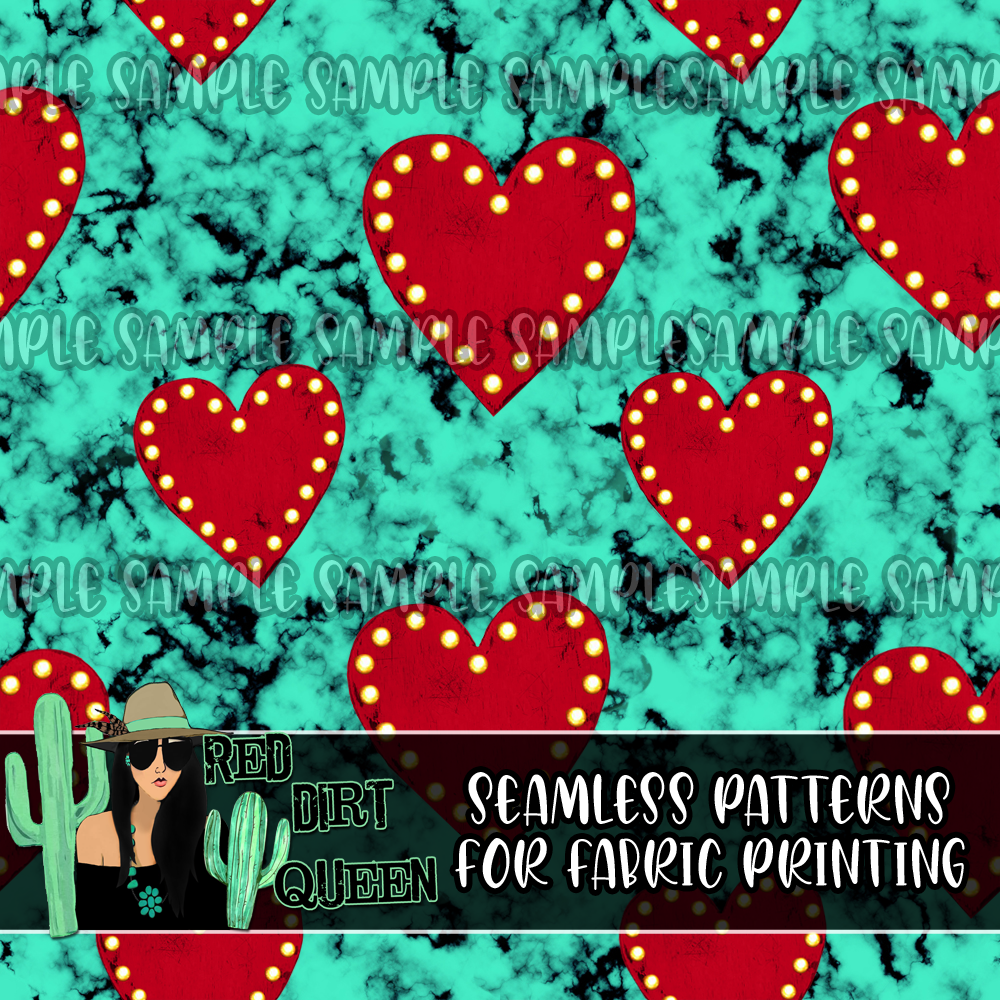 Seamless Pattern Turquoise Red Hearts