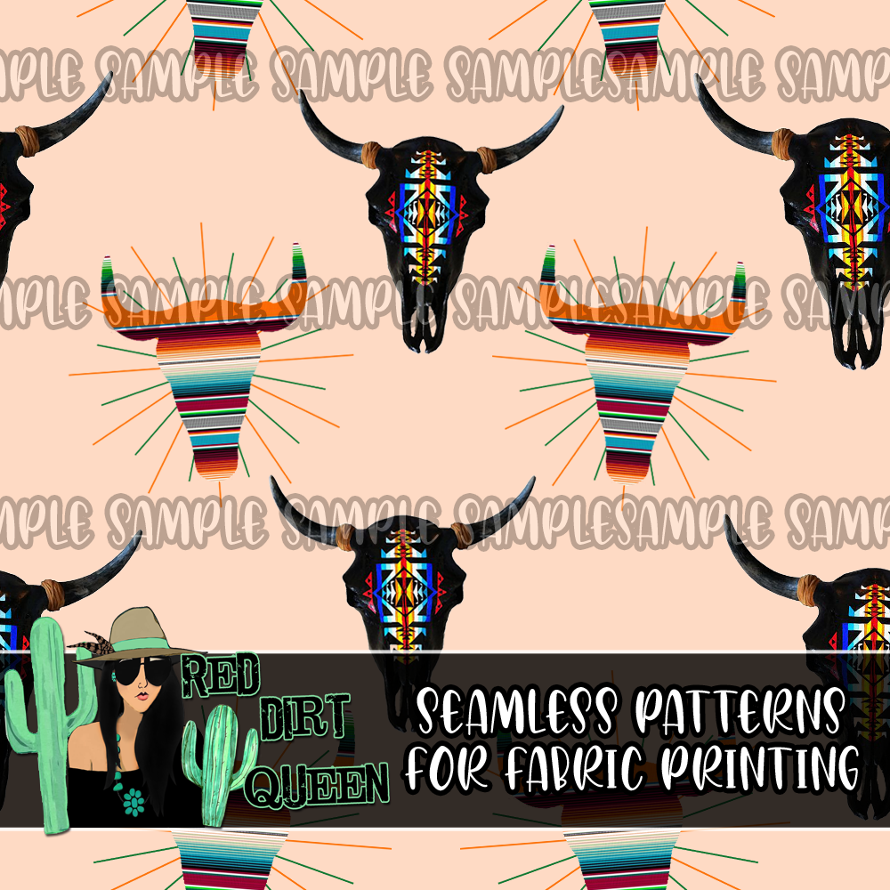 Seamless Pattern Aztec Skulls Peach