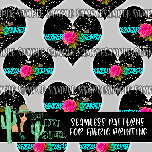 Seamless Pattern Black Floral Hearts