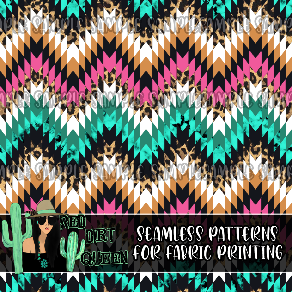 Seamless Pattern Leopard Turquoise Aztec Stripes