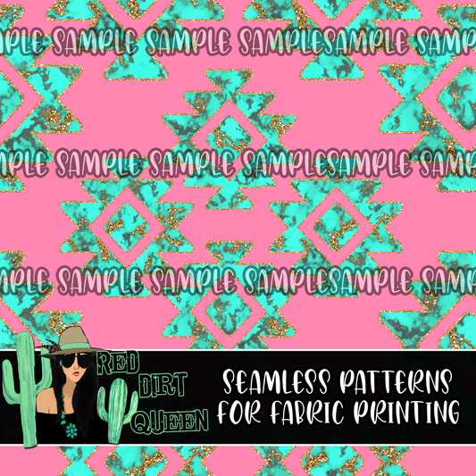 Seamless Pattern Turquoise Glitter Aztec Pink