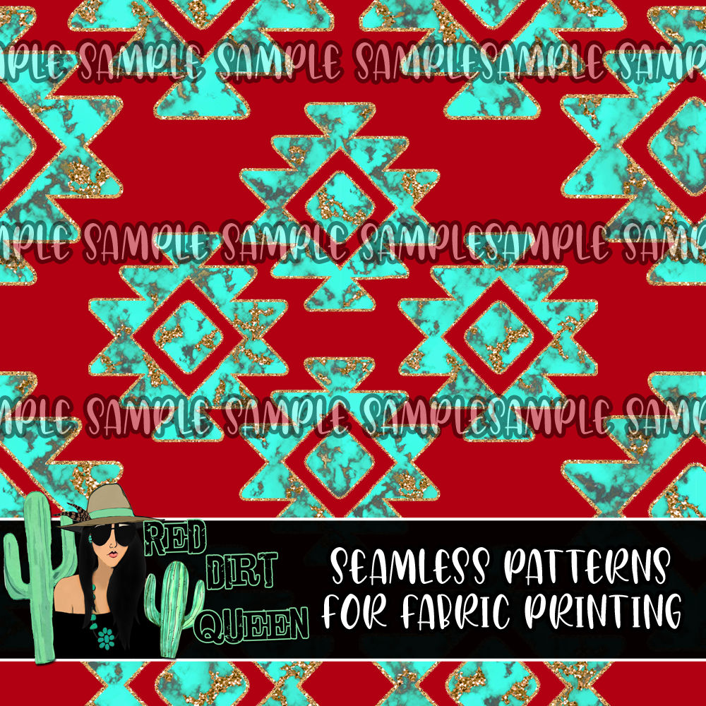 Seamless Pattern Turquoise Glitter Aztec Red