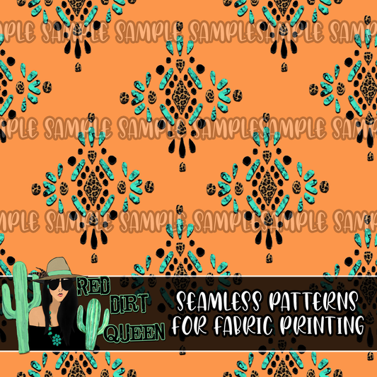 Seamless Pattern Orange Leopard Turquoise Aztec