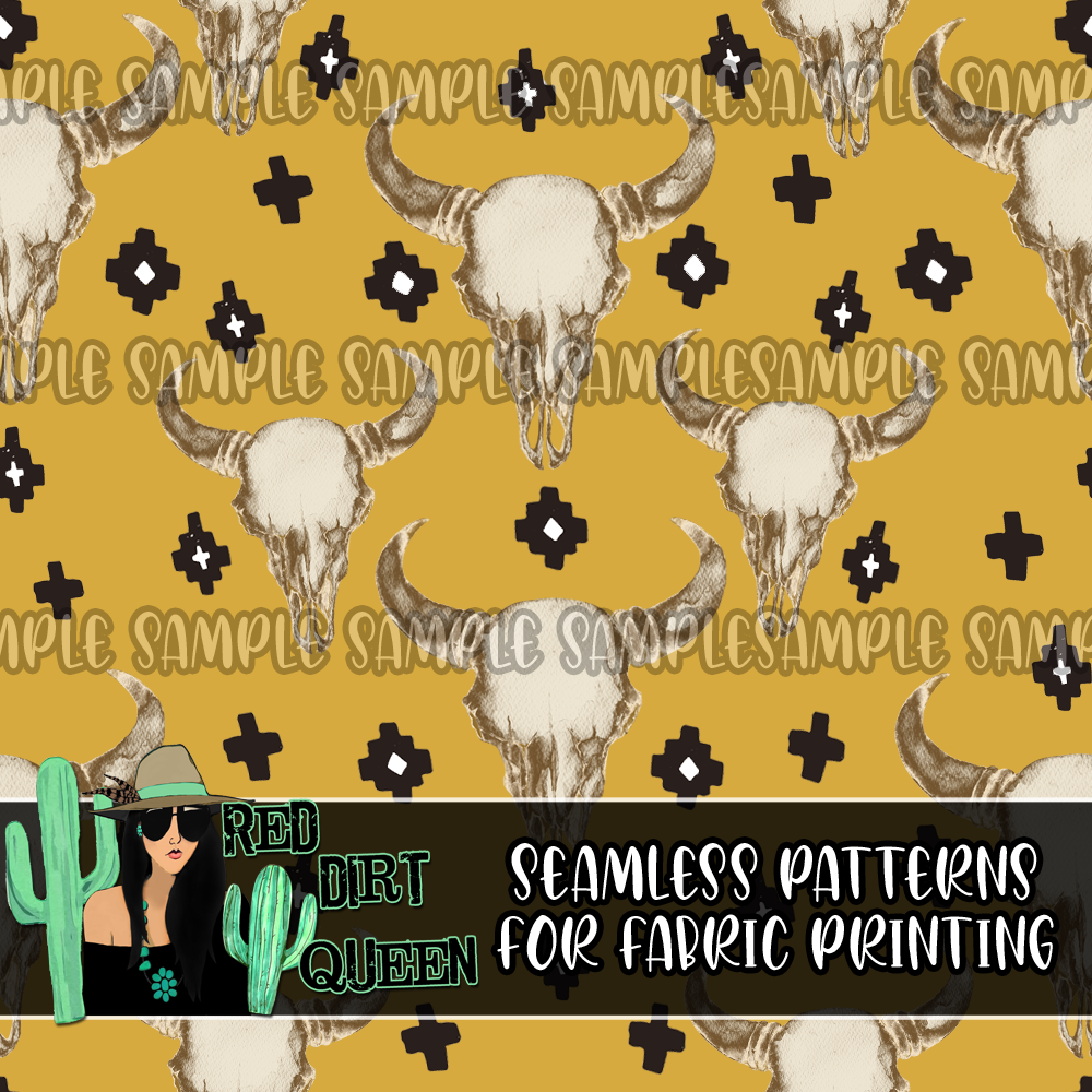 Seamless Pattern Yellow Skulls Aztec