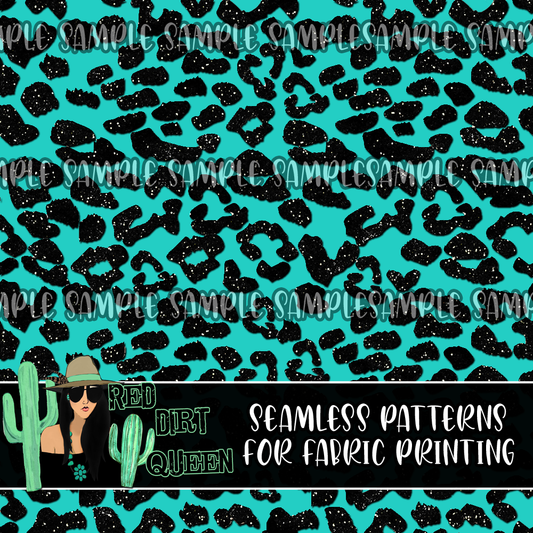 Seamless Pattern Teal Black Glitter Leopard