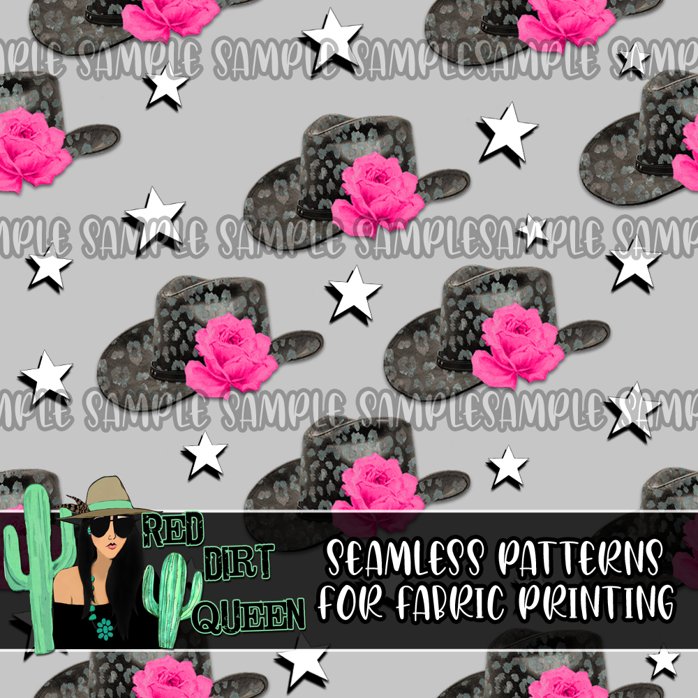 Seamless Pattern Leopard Cowgirl Hat Stars