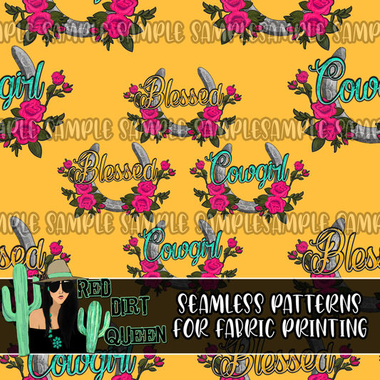 Seamless Pattern Blessed Cowgirl Floral Horseshoe