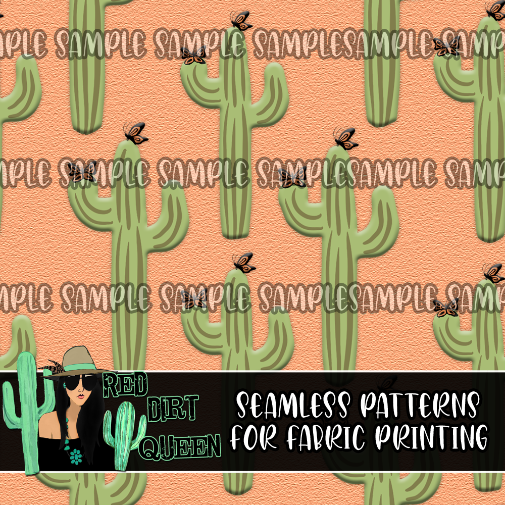 Seamless Pattern Textured Cactus Butterfly