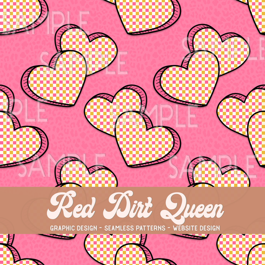 Seamless Pattern Pink Yellow Checkered Hearts