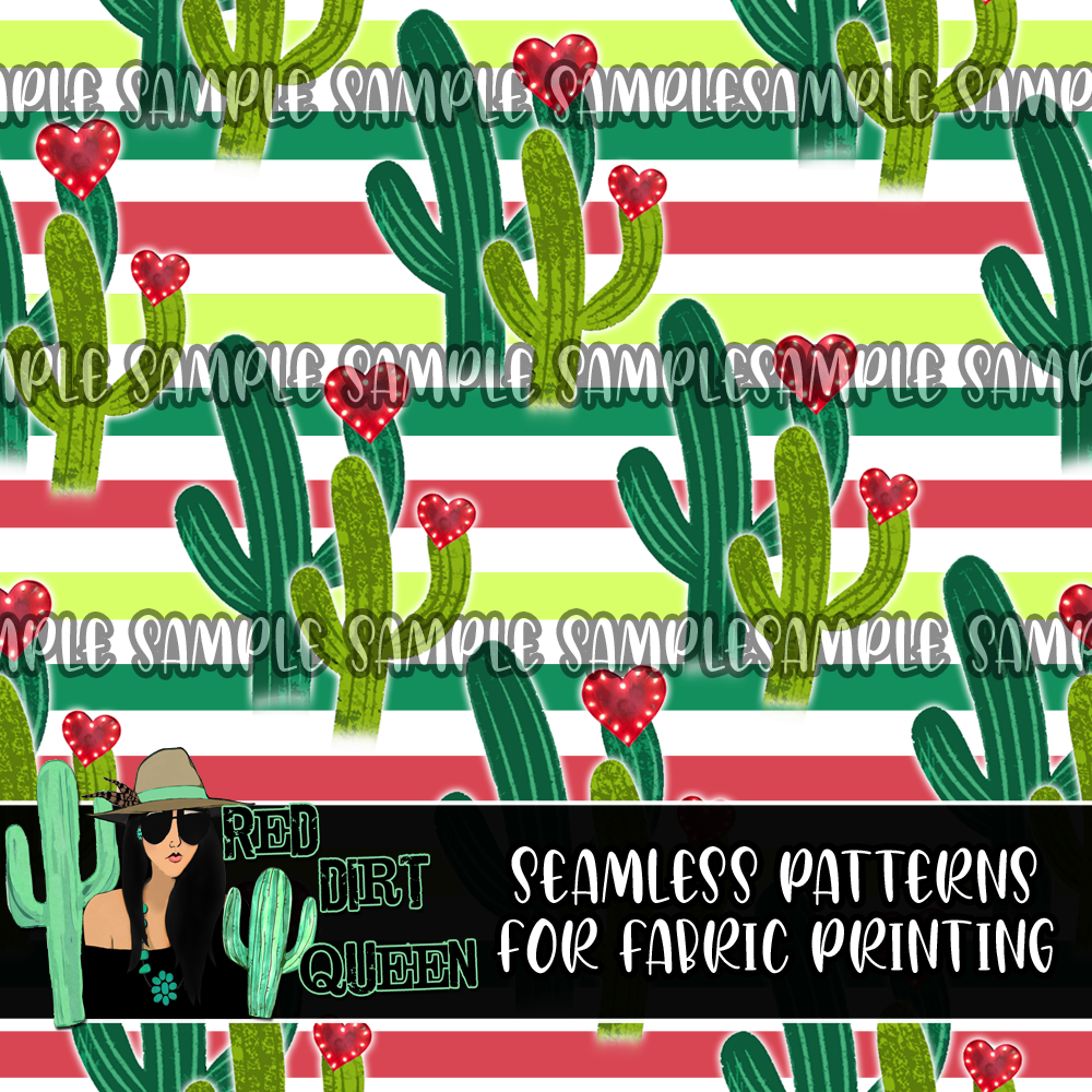 Seamless Pattern Cactus Heart Stripes