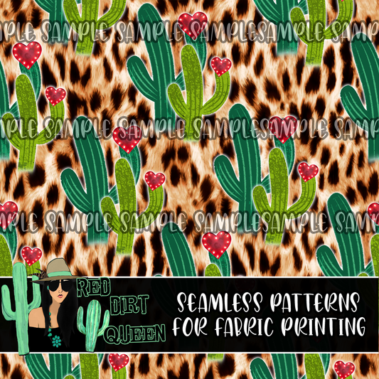 Seamless Pattern Leopard Cactus Hearts
