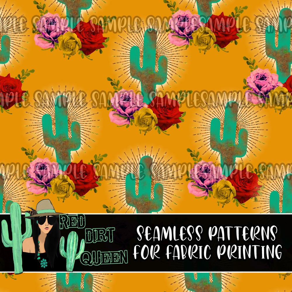 Seamless Pattern Yellow Floral Teal Cactus