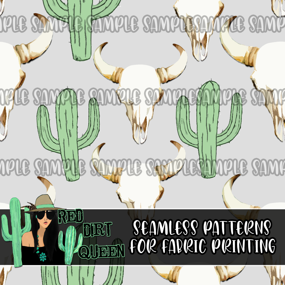 Seamless Pattern Grey Cactus Skulls