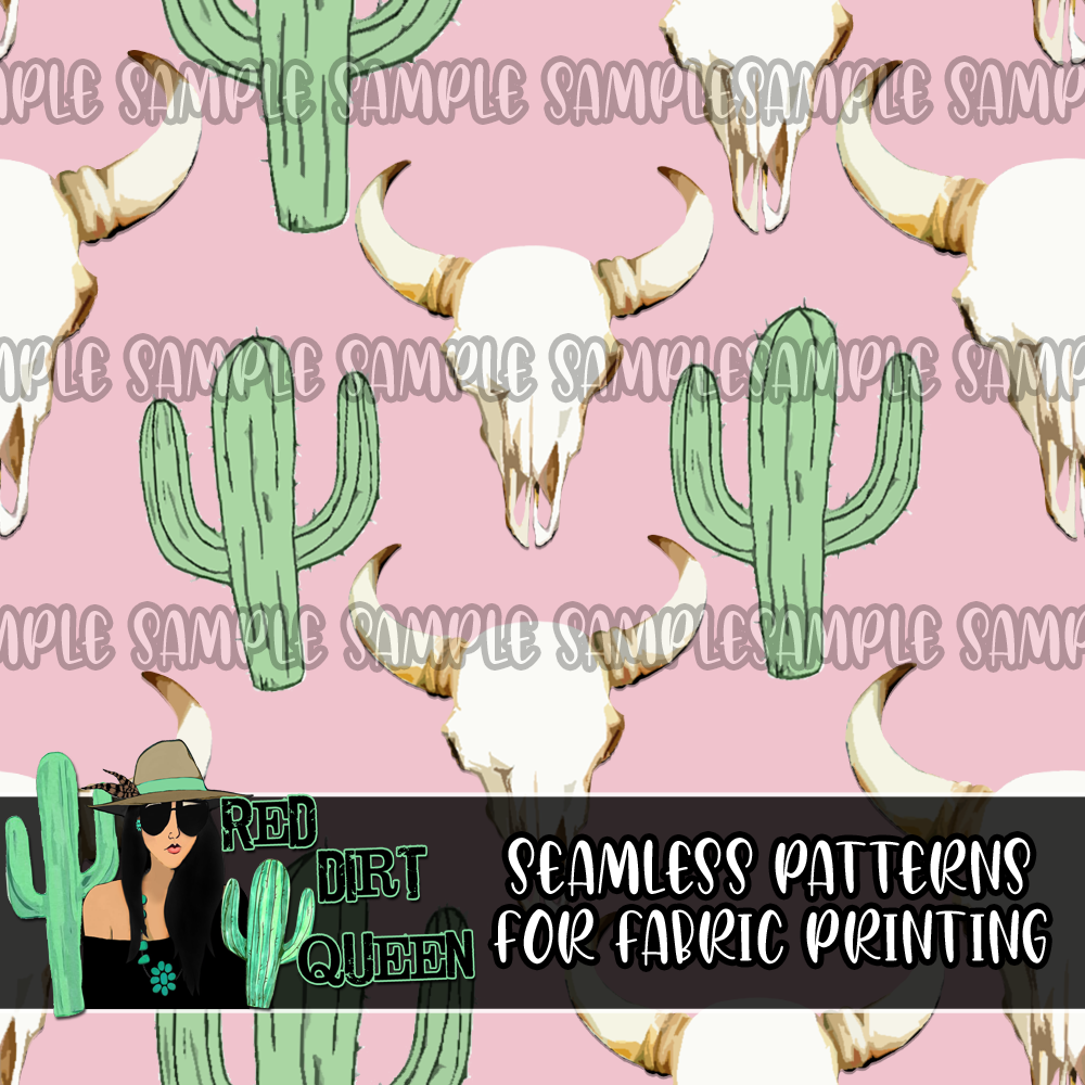 Seamless Pattern Pink Cactus Skulls