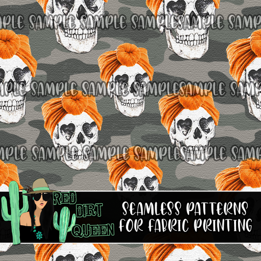 Seamless Pattern Orange Top Knot Camo Skulls