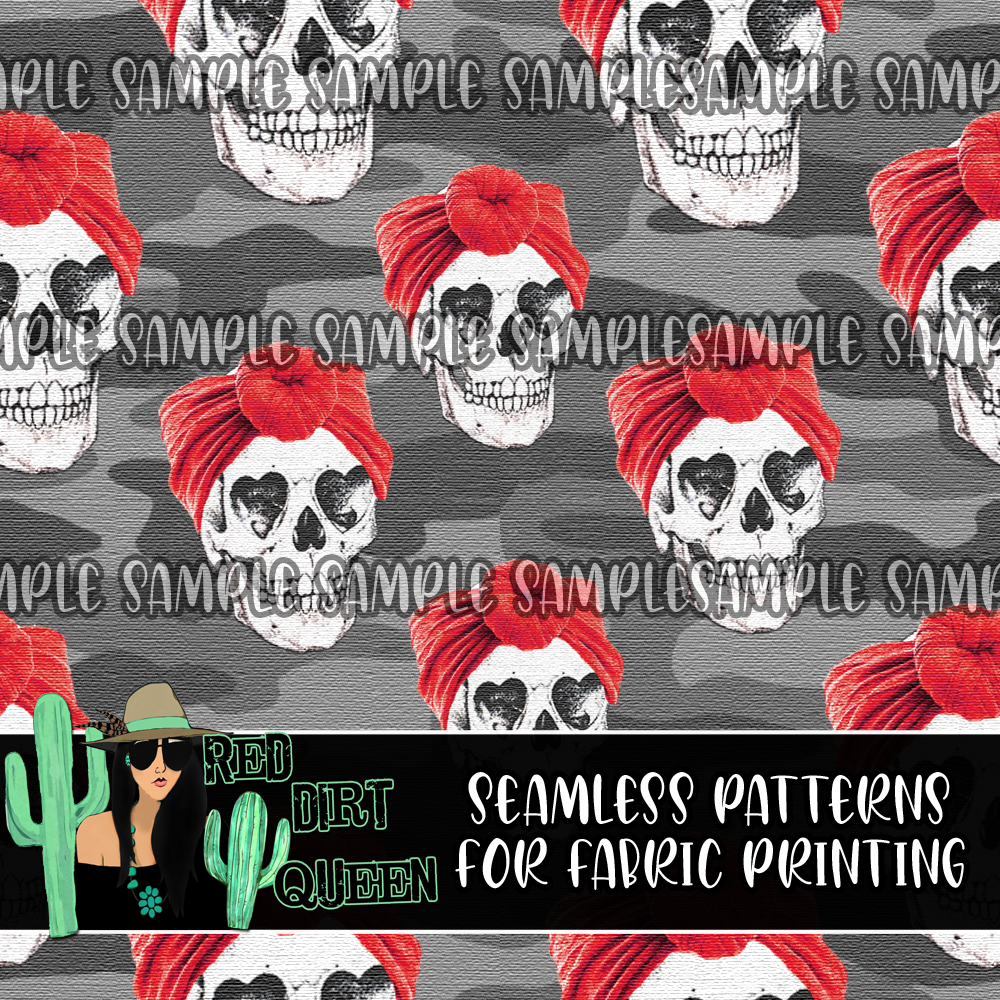 Seamless Pattern Red Top Knot Camo Skulls