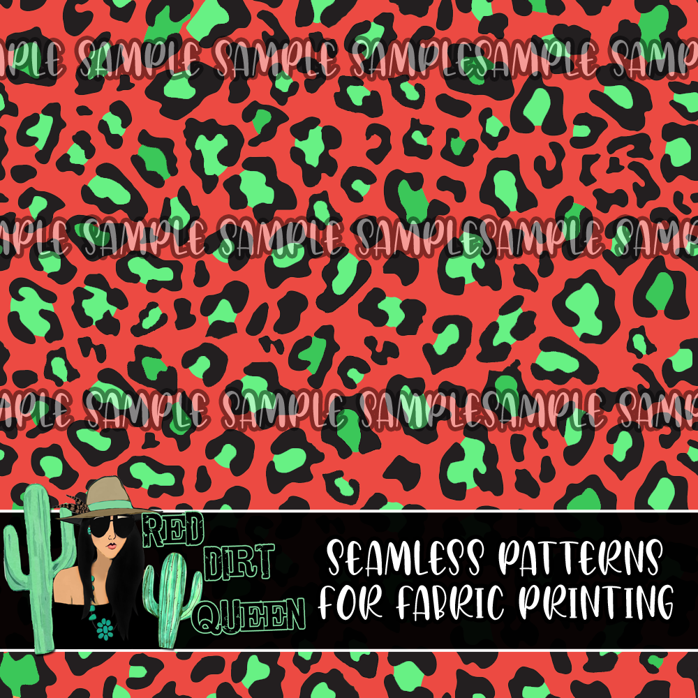 Seamless Pattern Green Red Leopard