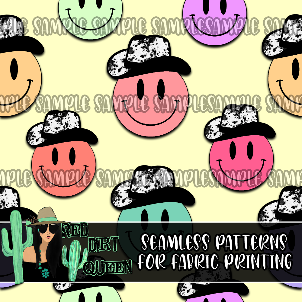 Seamless Pattern Cowboy Hat Smiley