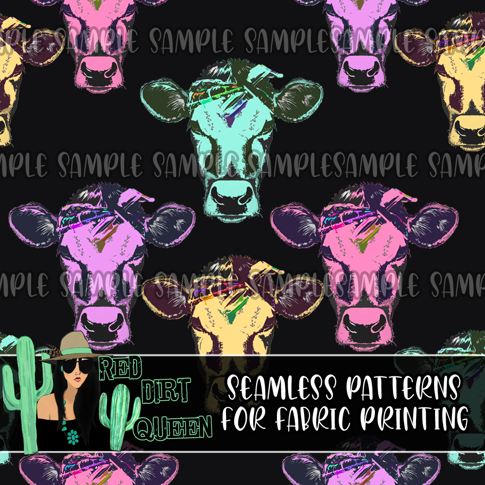 Seamless Pattern Neon Bandana Cows
