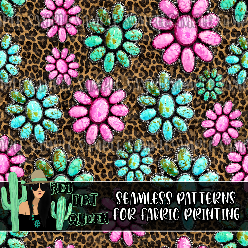 Seamless Pattern Leopard Pink Turquoise Stones