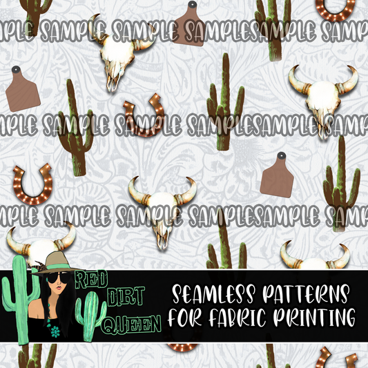 Seamless Pattern Cactus Skull Horseshoes