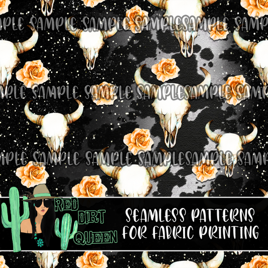 Seamless Pattern Glitter Cowhide Floral Skulls