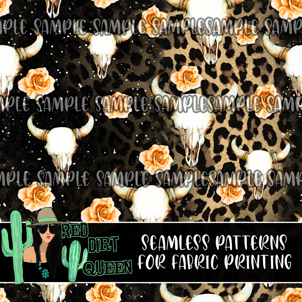 Seamless Pattern Glitter Leopard Floral Skulls