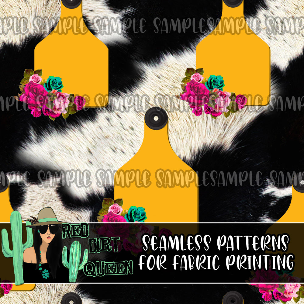 Seamless Pattern Floral Yellow Cow Tags