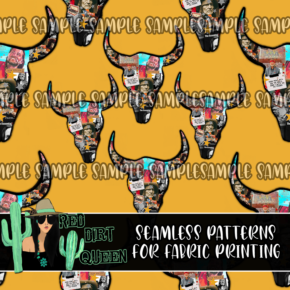 Seamless Pattern Cowboy Collage Skulls Yellow