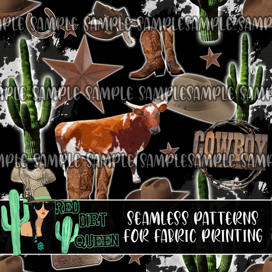 Seamless Pattern Cow Cactus Mix