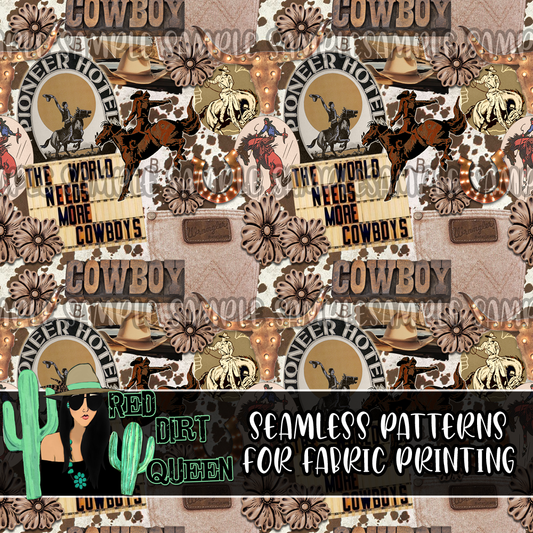 Seamless Pattern Cowhide Cowboy Collage