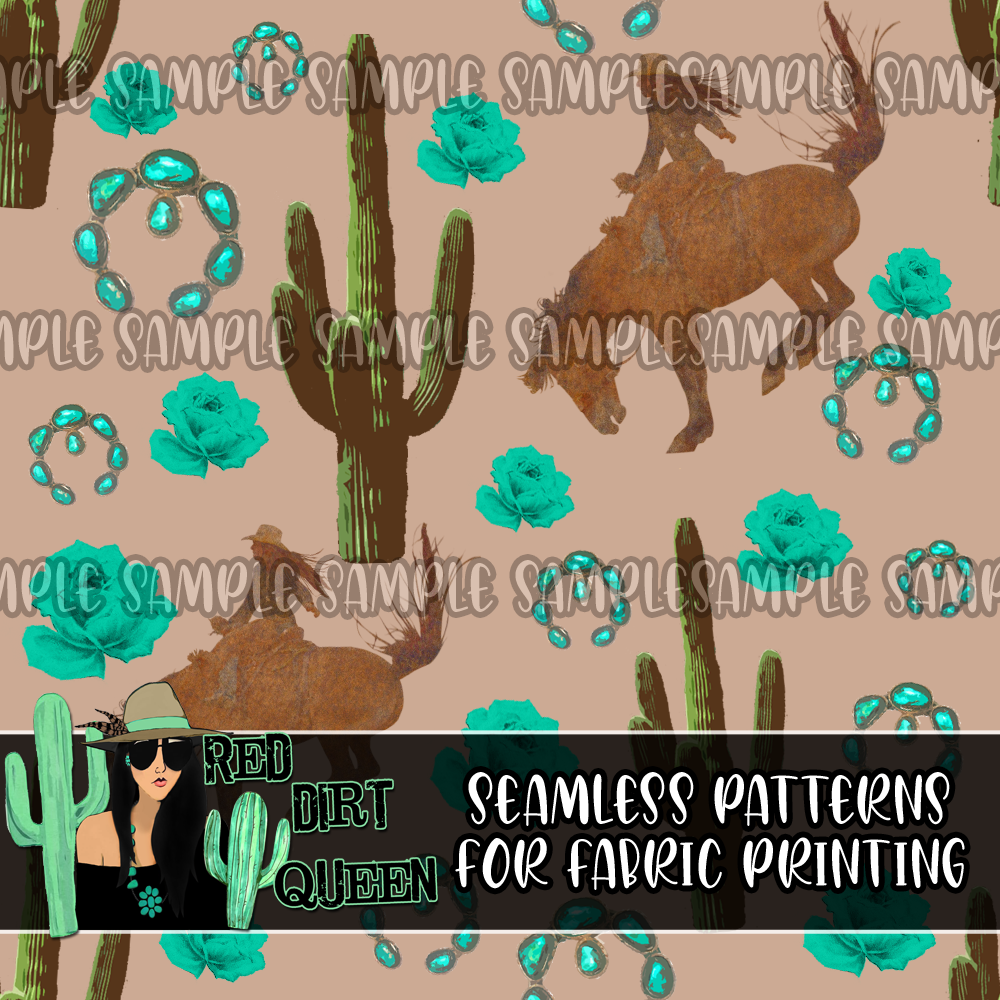 Seamless Pattern Cactus Turquoise Cowgirls